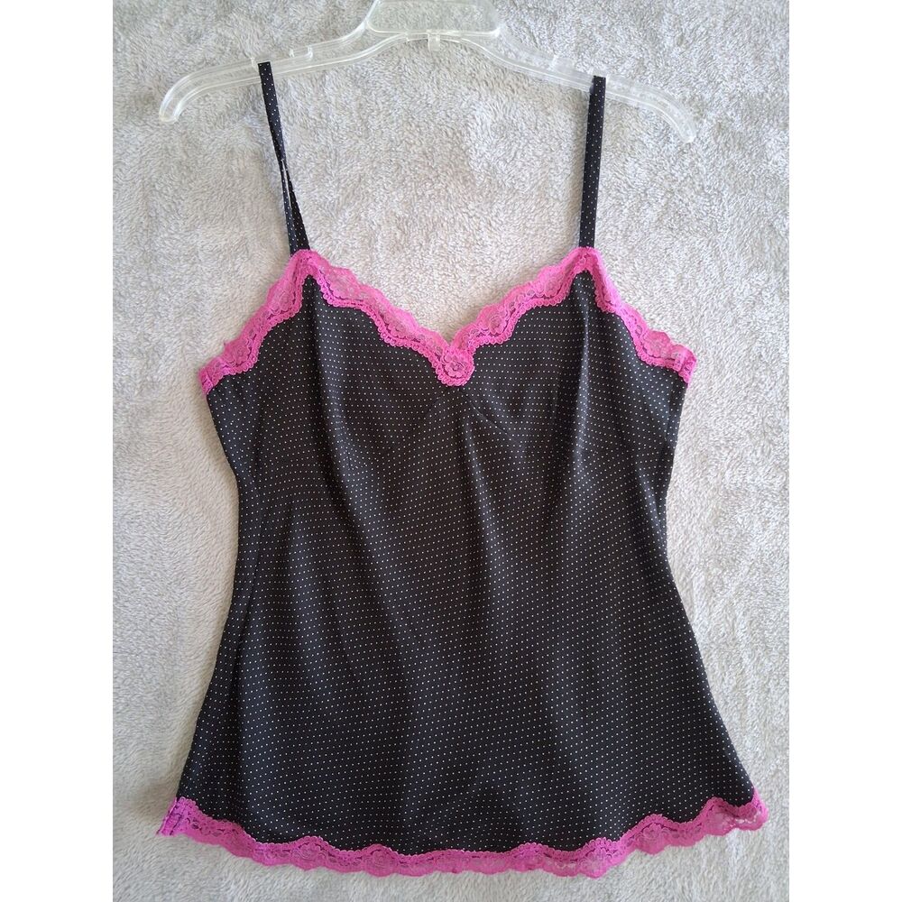 Y2K‎ Silk M Babydoll Camisole Coquette Whimsy Express Pink Lace Black White Dot
